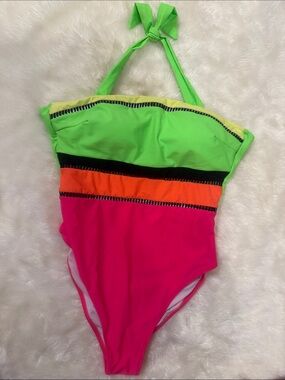 POPVIL Beach Neon Color Block Halter One-Piece Swimsuit NWT Size L